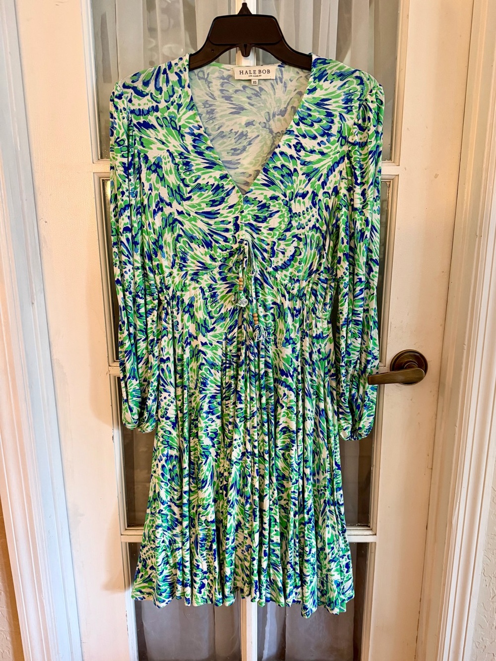EUC SZ XS Hale Bob Long Sleeve Blue and Green V neck fit and flare dress